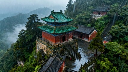 Fototapeta premium Traditional Chinese temple complex on mountain peak during rainfall, surrounded by dense forest and misty valleys