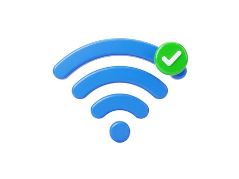 Blue wifi signal icon with green checkmark isolated on transparent background for connectivity success