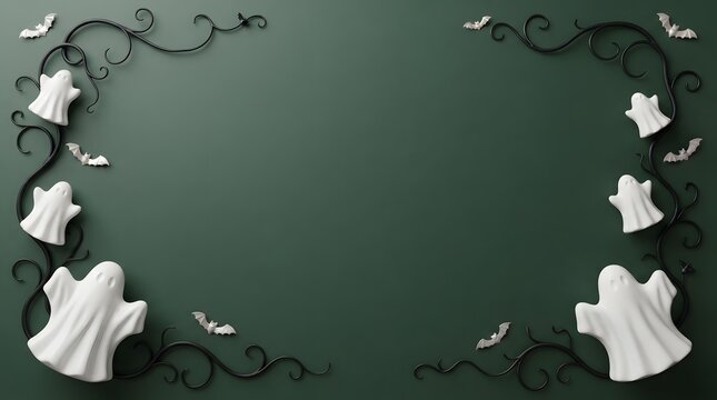 Ethereal halloween ghosts gently float and swirl around a moody dark green backdrop with twisting black vines and branches