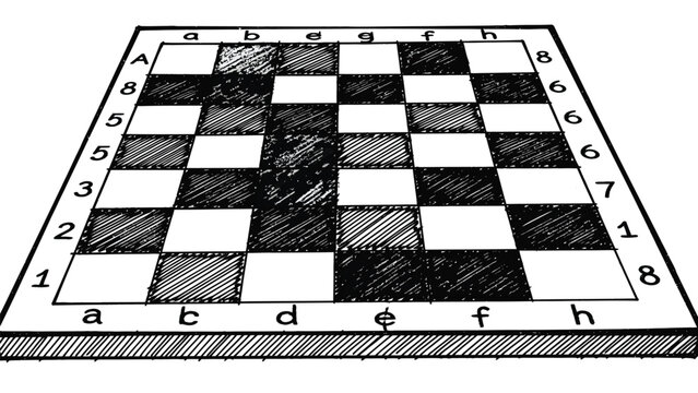 Hand drawn chessboard illustration from perspective view featuring black and white checkered patterns with letter and number coordinates for game strategy.