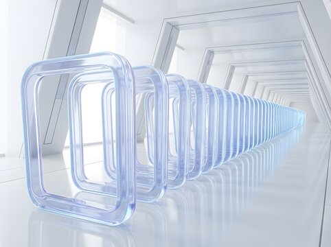 Futuristic transparent acrylic frames receding into sleek minimalist infinity corridor with geometric precision and glowing light effects