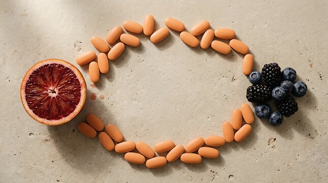 Orange berry pills laid out in a circle on a stone surface with a blood orange and fresh berries