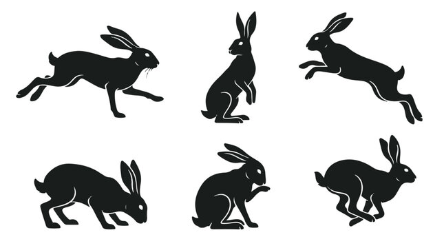 Set of six black hare silhouettes in various poses and jumping actions isolated on white