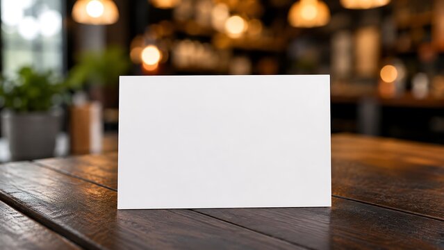 Blank white table tent card mockup stands on dark wooden surface in a cafe