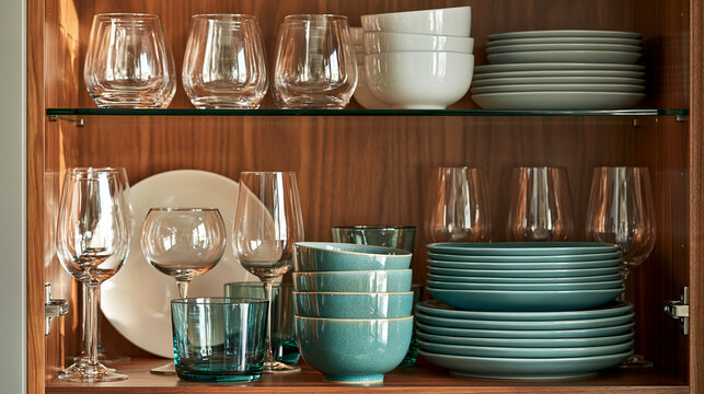 Kitchen housewares, wine glasses and plates displaying in a domestic kitchen cabinet
