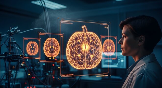 Futuristic Neuroscience Research Featuring a Female Scientist Analyzing a Glowing Holographic Human Brain Scan in a High-Tech Laboratory