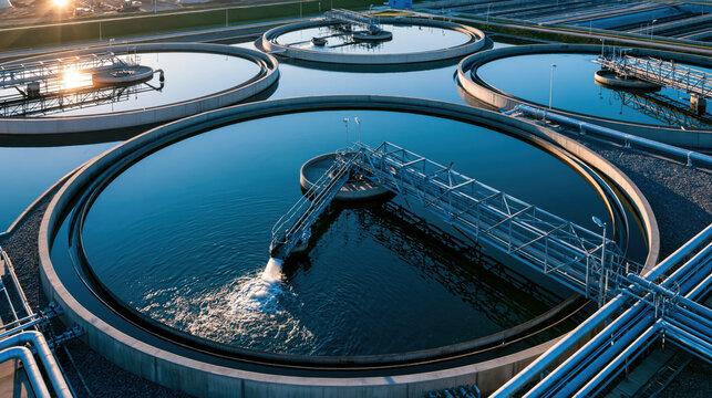 Water treatment facility with large circular tanks and pipes