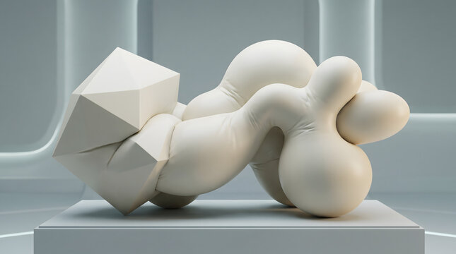 Abstract biomorphic fluid sculpture merging with hard cube block