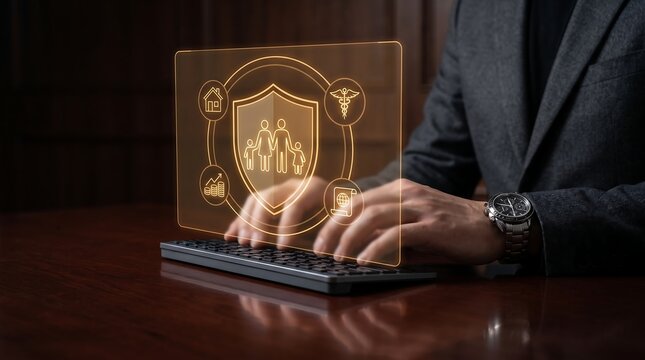 Professional man interacting with a digital holographic shield for cybersecurity and data protection in a modern office