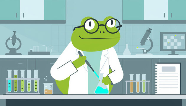 Cartoon green frog scientist in lab coat conducting colorful chemical experiments in modern laboratory