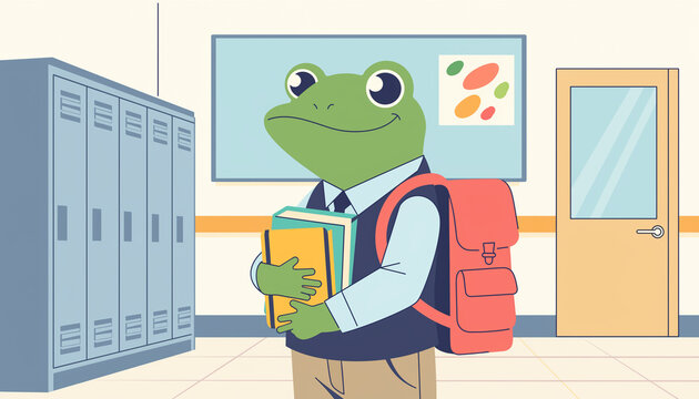 Frog Illustration of a School Student Carrying Books and Backpack in a Classroom Hallway