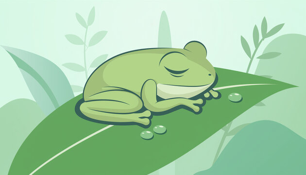 Cute Frog Illustration Sleeping on a Green Leaf in a Peaceful Nature Setting Vector Art