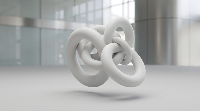 Complex white torus knot sculpture on studio floor display