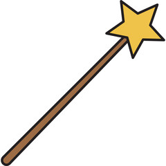 Naklejka premium A minimalist vector illustration of a classic magic wand featuring a yellow star topper on a brown wooden stick, isolated on a solid black background.