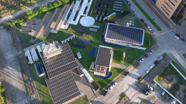 Solar Energy Technology Complex with Multiple Photovoltaic Systems and Solar Panel Arrays in Florian&oacute;polis, Brazil. Aerial View.