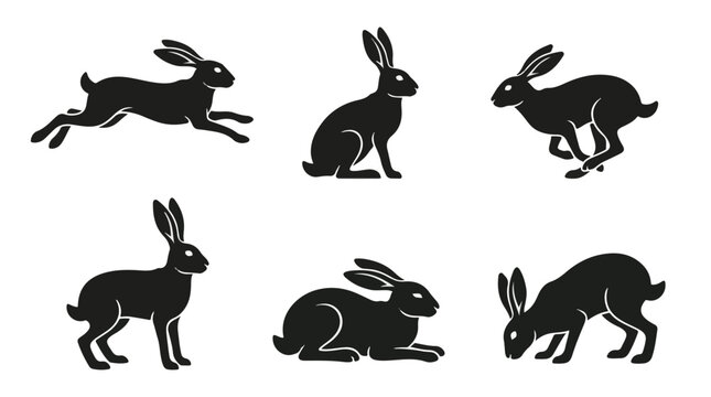 Set of six black hare silhouettes in various poses and jumping actions isolated on white