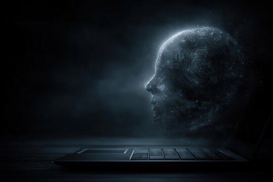 Glowing circuit-patterned human head emerging from a laptop screen, representing artificial intelligence, digital consciousness and futuristic technology.