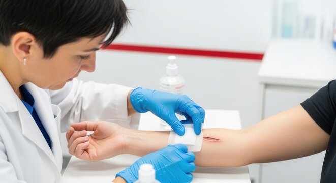 Doctor Applying Bandage to Patient's Arm Wound in Clinic