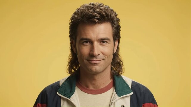 A man with a retro haircut smiles at the camera against yellow background
