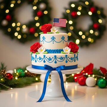Patriotic american wedding cake with flowers