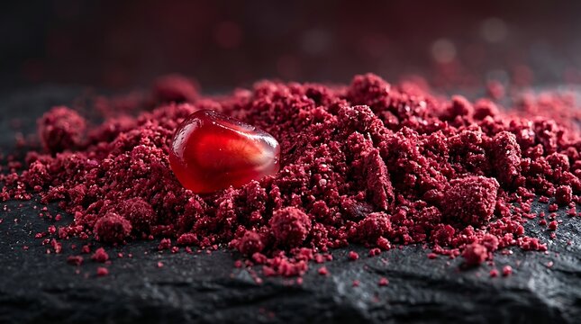 Rich vibrant pomegranate powder piled on dark stone with a glossy aril grain in a gourmet culinary setting