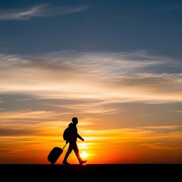 Person walking with luggage at sunset