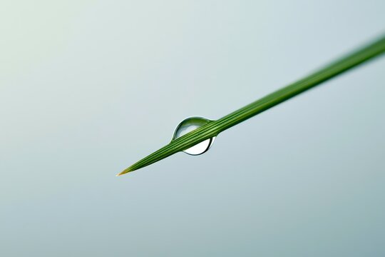 A close-up of a dewdrop on a green leaf.