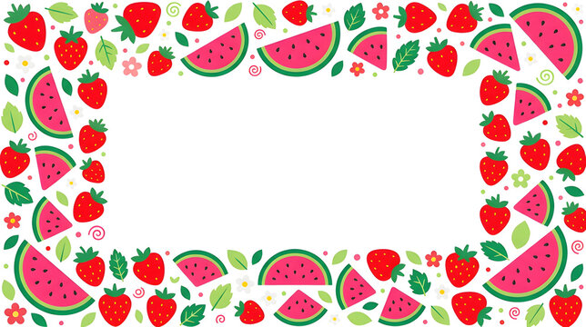 Watermelon and strawberry border, cheerful summer graphic design, clean flat vector shapes, white background, no text