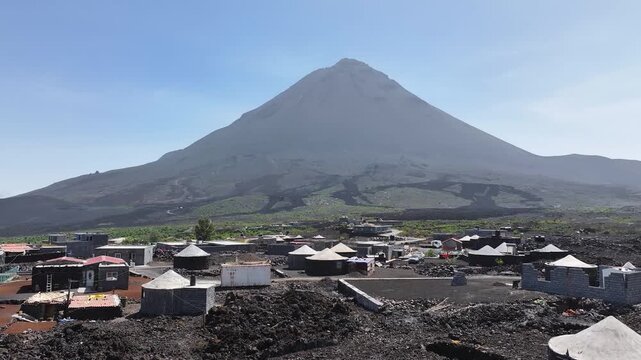 Drone Shot of Village Buildings and Homes Under Active Volcano on Fogo Island, Cape Verde
