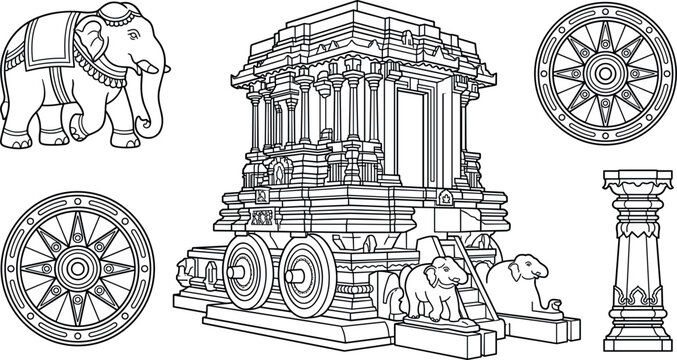 Famous Stone Chariot of Hampi Vitthala Temple Set with Elephant Sculptures Pillar and Decorative Wheels Line Art Vector Graphic