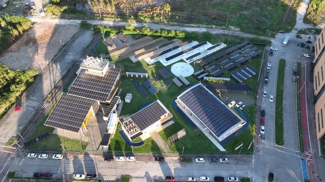 Solar Energy Technology Complex with Multiple Photovoltaic Systems and Solar Panel Arrays in Florian&oacute;polis, Brazil. Aerial View.