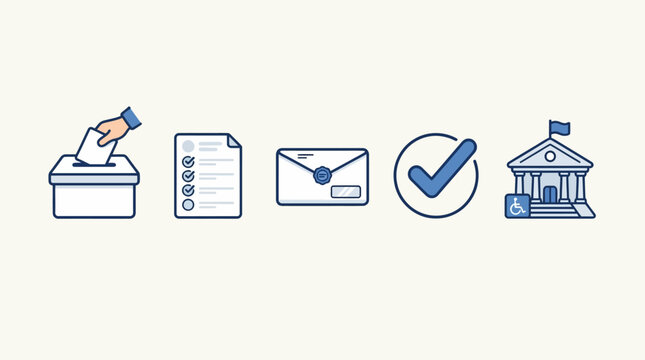 Set of professional election and voter education icons featuring ballot box, voting paper, mail-in envelope, checkmark, and accessible polling station building