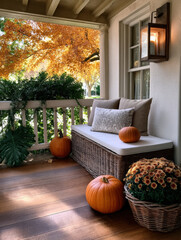 Obraz premium Cozy autumn porch with pumpkins, wicker bench, cushion, pillow, basket of chrysanthemums, wooden floor, and fall foliage outside