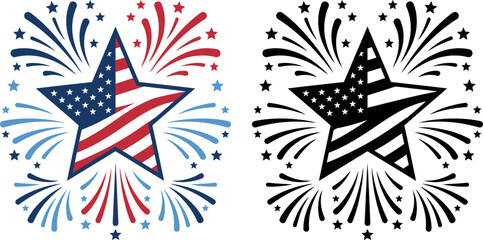 Fototapeta premium American flag star with patriotic fireworks burst in color and black line art for national events.