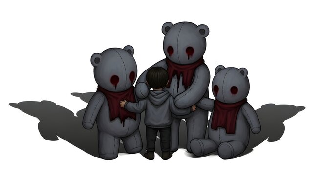 A young boy finds solace in the quiet company of three mysterious teddy bears, their red eyes and dark scarves hinting at a poignant narrative of comfort and emotional depth