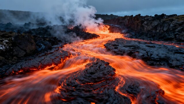 Flowing lava river glowing with intense orange light amidst dark volcanic rock and rising steam at dusk