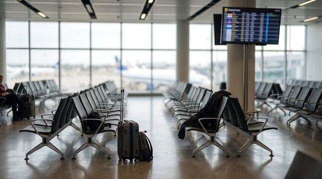 An empty airport waiting area with rows of seats and luggage, overlooking the tarmac with an airplane in the distance