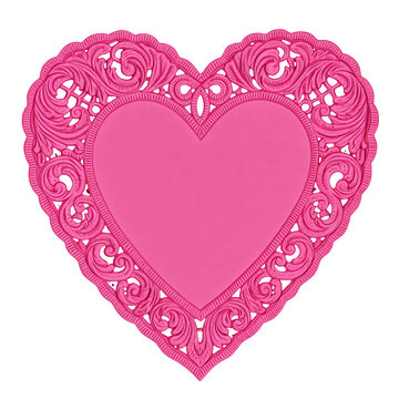 Pink lace heart ornament with intricate floral scrollwork