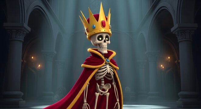 Undead skeleton king wearing a golden crown and red royal cape in a medieval stone palace interior