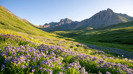 Obraz premium Purple Wildflowers Blooming Across a Green Mountain Valley