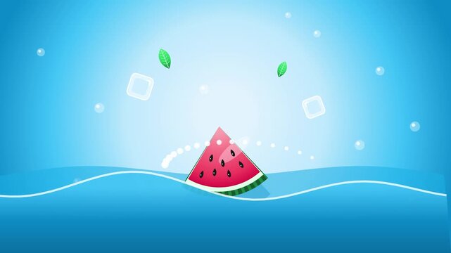 Fresh Watermelon Slice Floating on Cool Blue Water Wave with Mint Leaves