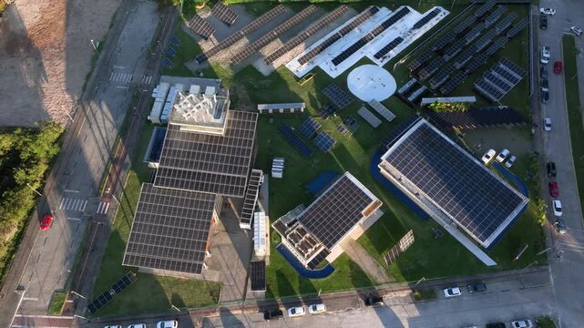 Multiple Solar Panel Technologies at a Renewable Energy Research and Innovation Facility in Florian&oacute;polis, Brazil. Aerial View.