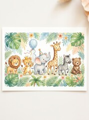 Fototapeta premium Cute Watercolor Safari Baby Animals Party Illustration with Lion, Elephant, Giraffe, Zebra, and Bear in Jungle