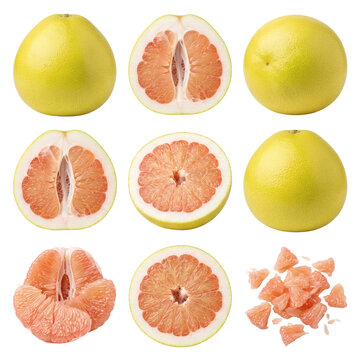 Fresh collection of whole and sliced pink pomelo fruit with segments and pieces, isolated on transparent background, comprehensive citrus fruit set for food design and healthy lifestyle.