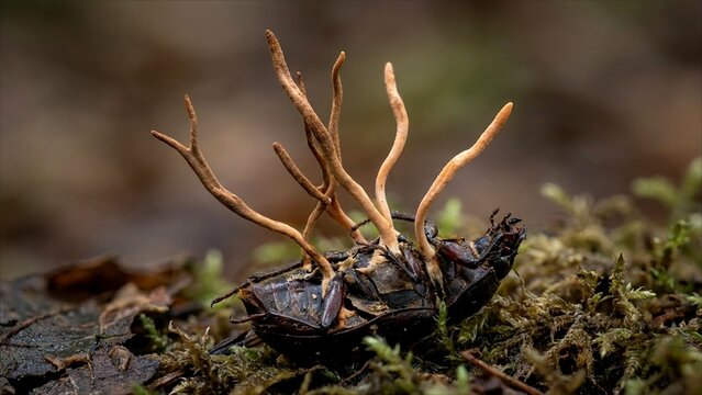 Cordyceps fungus fruiting body bursting from an empty insect shell macro