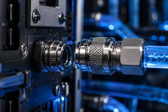 Liquid cooling quick disconnect fitting on computer hardware shows detailed metal construction for safe thermal management in custom built server workstations