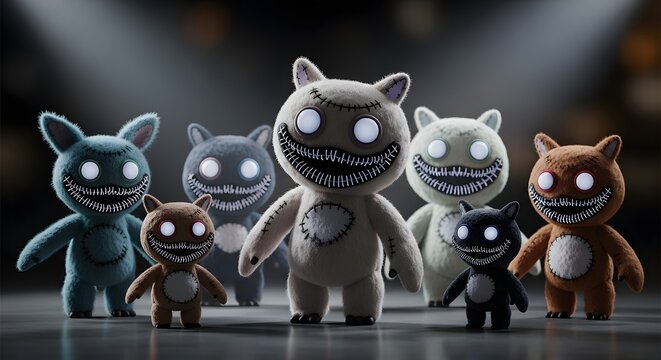 Eerie group of plush monster toys with glowing eyes and stitched smiles representing collective childhood nightmares