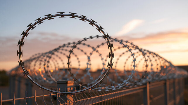 Close View of Sharp Fence Wire in Golden Dusk Light