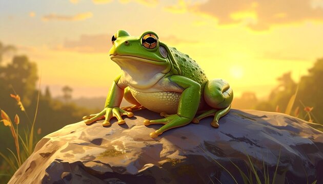 Green Frog Illustration Sitting on a Rock at Sunset Golden Hour Nature Wildlife Art