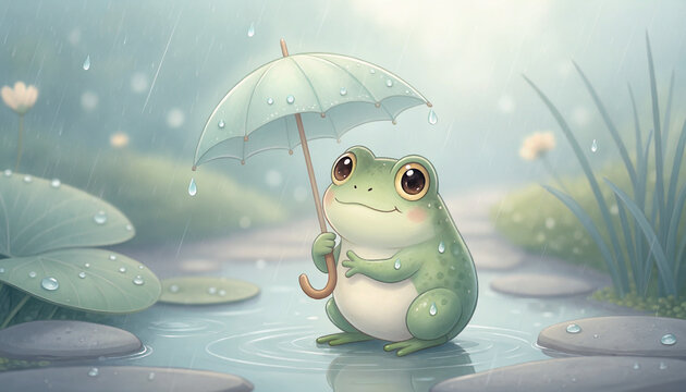 Cute Frog Illustration with Umbrella in Rain for Children Book Art and Nursery Decor